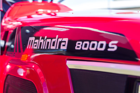 December 14, 2019, Brazil. Mahindra red tractor. It is a car company from India that manufactures cars and trucks