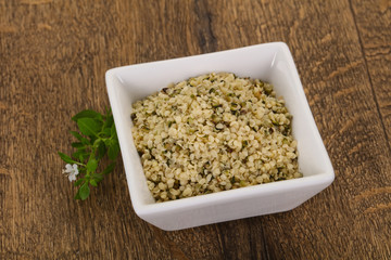 Peeled hemp seeds in the bowl