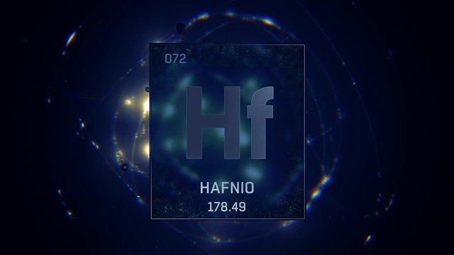 Hafnium as Element 72 of the Periodic Table. Seamlessly looping 3D animation on blue illuminated atom design background with orbiting electrons. Name, atomic weight, element number in Spanish language