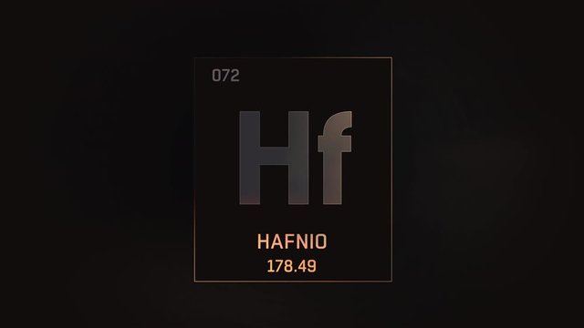 Hafnium as Element 72 of the Periodic Table. Seamlessly looping 3D animation on grey illuminated atom design background with orbiting electrons. Name, atomic weight, element number in Spanish language