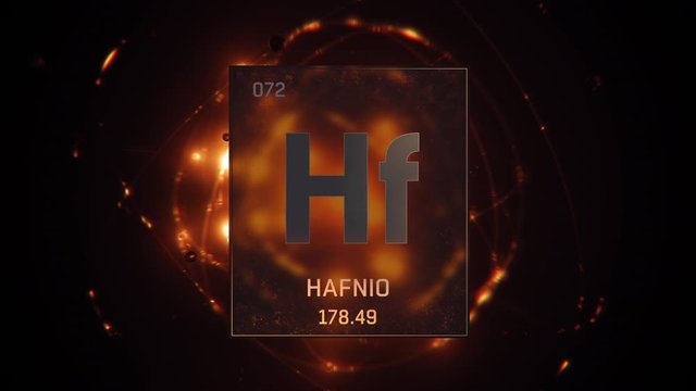 Hafnium as Element 72 of the Periodic Table. Seamlessly looping 3D animation on orange illuminated atom design background with orbiting electrons. Name, atomic weight, element number in Spanish langua