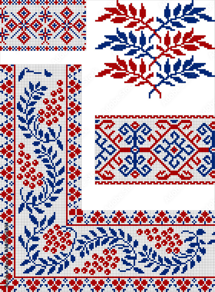 Poster vector drawing - set of ethnic slavic patterns for cross-stitch on a white isolated background