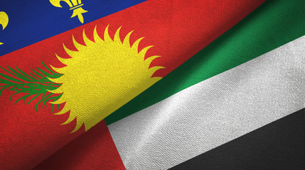 Guadeloupe and United Arab Emirates two flags textile cloth, fabric texture