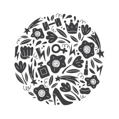 Vector round illustration with female and feminism symbols and objects. Feminism concept isolated on white background. Girl power.