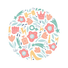 Vector round illustration with female and feminism symbols and objects. Feminism concept isolated on white background. Girl power.