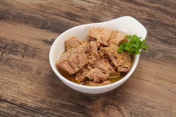 Canned tuna fish in the bowl