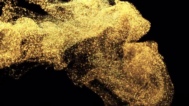 Sparkling glitter drops in water. Shiny golden particles swirling underwater in slow motion. Glamour art background. Abstract flowing glittering fluid liquid animation. Isolated on black alpha channel