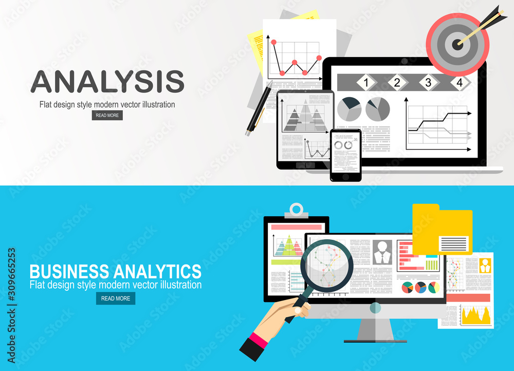 Aufkleber analytics information and development website statistic. concepts for web banners, printed and promo