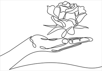holding rose flower in palm- continuous line drawing.