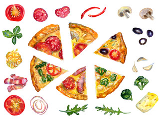 Watercolor flatlay pizza and ingredients isolated on white