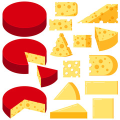 Cheese various shapes slices vector set isolated on white background.