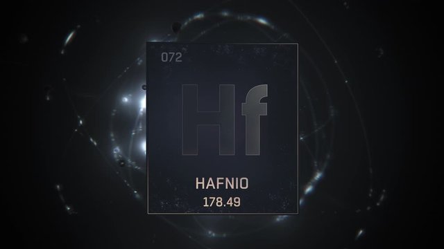 Hafnium as Element 72 of the Periodic Table. Seamlessly looping 3D animation on silver illuminated atom design background with orbiting electrons. Name, atomic weight, element number in Spanish langua