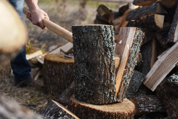 Lumberjack chopping wood for winter, Young man chopping woods with an axe