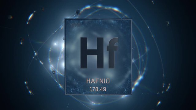 Hafnium as Element 72 of the Periodic Table. Seamlessly looping 3D animation on blue illuminated atom design background with orbiting electrons. Name, atomic weight, element number in Spanish language