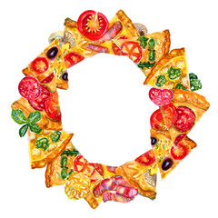 Watercolor wreath with pizza and ingredients on white