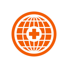 Earth globe logo with medical cross in a center. Travel medicine insurance concept.