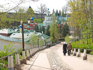 View of Pskov- Pechorsky Saint-Assumption Men 's Monastery. Pskov Region