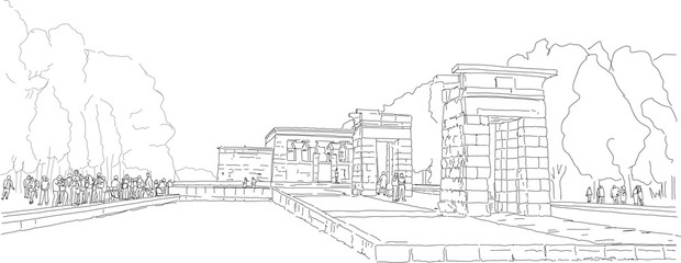 Hand drawn illustration. The Temple of Debod (Templo de Debod), an ancient Egyptian temple transported to Madrid Spain.
