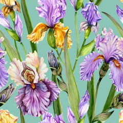 Beautiful iris flowers and leaves on verdigris background. Seamless exotic floral pattern. Watercolor painting. Hand drawn illustration. - 309668256