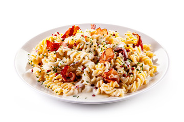 Pasta carbonara on white background