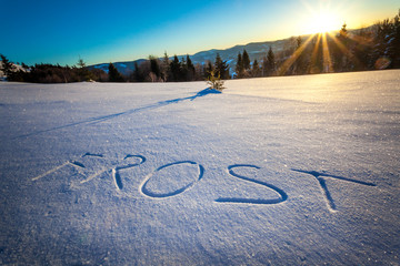 The inscription Frost on snow near forest