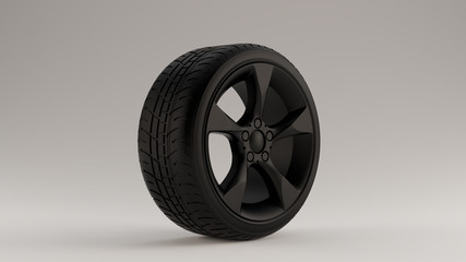 Matte Black Alloy Rim Wheel with a 5 Medium Flared Spokes Open Wheel Design with Racing Tyre 3d illustration 3d render