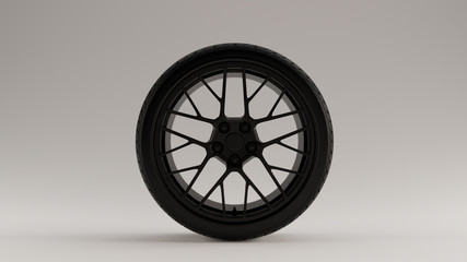 Matte Black Alloy Rim Wheel with a Complex Multi Spokes Open Wheel Design with Racing Tyre 3d illustration 3d render