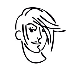 Portrait of a girl. Black line drawing. Laconic stylized image. Beautiful girl, woman.