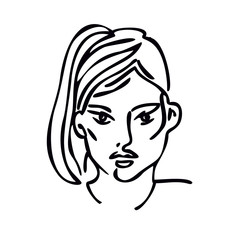 Portrait of a girl. Black line drawing. Laconic stylized image. Beautiful girl, woman.