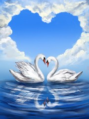 two white Swan birds on a pond together on the background of the sky with clouds in the shape of a heart, symbol of love, Valentine's day card, wedding, art illustration painted with watercolors