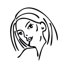 Portrait of a girl. Black line drawing. Laconic stylized image. Beautiful girl, woman.