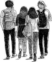 Sketch of croup of teen students walking along street on summer day