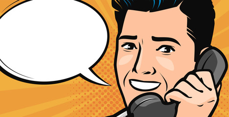 Man talking on the phone. Vector illustration in style comic pop art © ~ Bitter ~