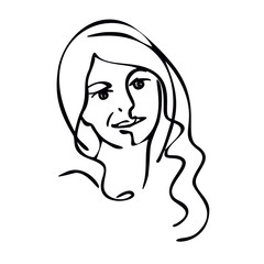 Portrait of a girl. Black line drawing. Laconic stylized image. Beautiful girl, woman.