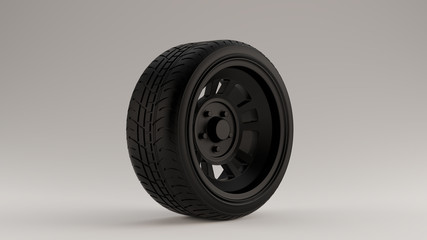 Matte Black Alloy Rim Wheel with a Retro Wheel with a Semi Closed Design with Racing Tyre 3d illustration 3d render