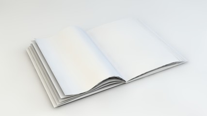 3d rendering, 3d illustration. Open white book or magazine on a light background.