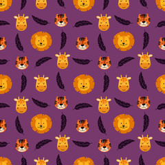 Obraz premium Tropical cute seamless pattern with wild animals faces lion, tiger, giraffe and palm leaves. Scandinavian style. Vector illustration