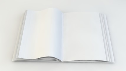 3d rendering, 3d illustration. Open white book or magazine on a light background.