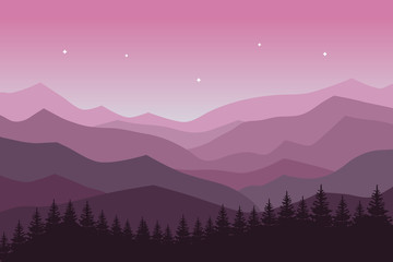 Mountain landscape with purple silhouettes of forest trees mountains stars and hills. Panoramic sunrise mountain view. Vector illustration.