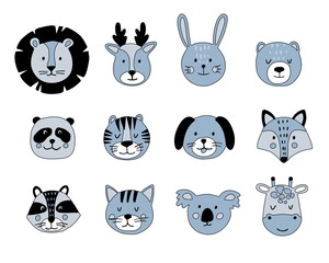 Cute animal hand drawn faces set on white background. Cartoon characters of lion, giraffe, deer, koala, bear, cat, bunny, fox, raccoon, tiger, dog, panda. Scandinavian design style.Vector illustration