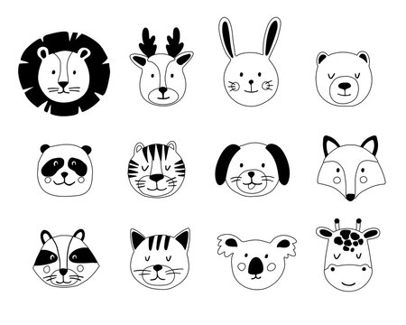 Cute animal hand drawn faces set on white background. Cartoon characters of  lion, giraffe, deer, koala, bear, cat, bunny, fox, raccoon, tiger, dog,  panda. Scandinavian design  illustration Stock Vector | Adobe