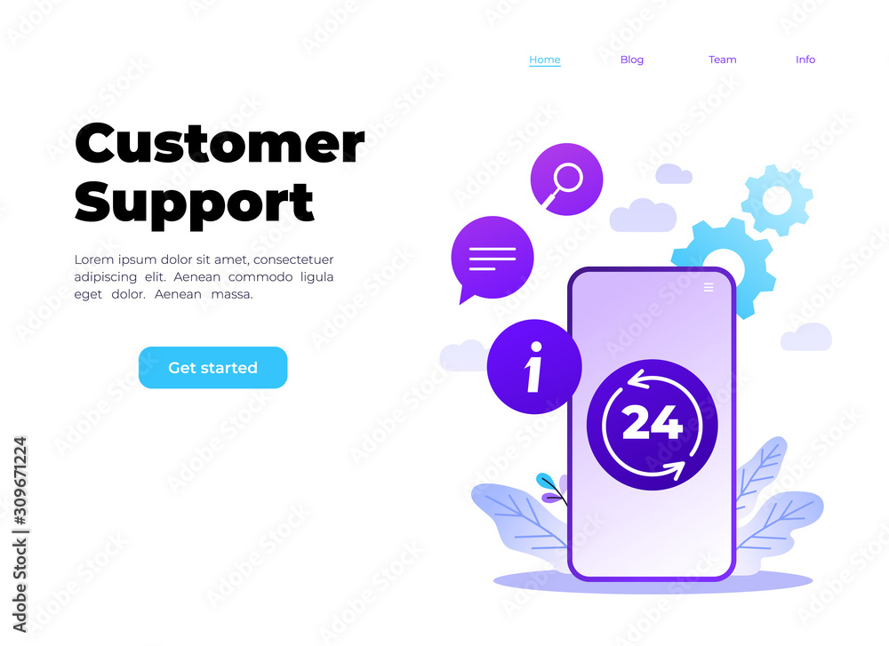 Poster 24 7 service concept or call center in flat vector illustration. 24-7 round the clock or nonstop cus