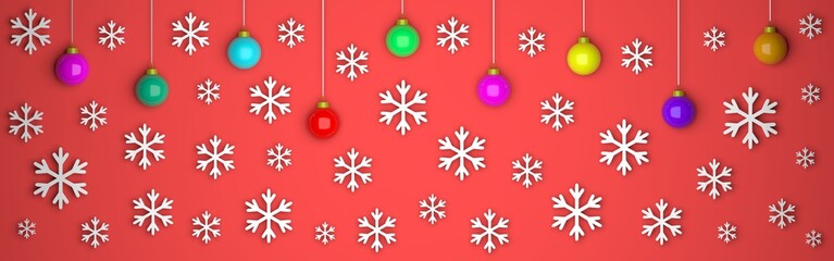 Naklejka na ściany i meble Christmas banner, snowflakes and christmas balls on red background, 3D-rendering