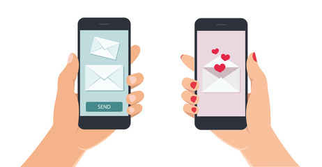 Female and male hands holding smartphone with love message on screen. Hand with mobile phone on white background. Vector illustration