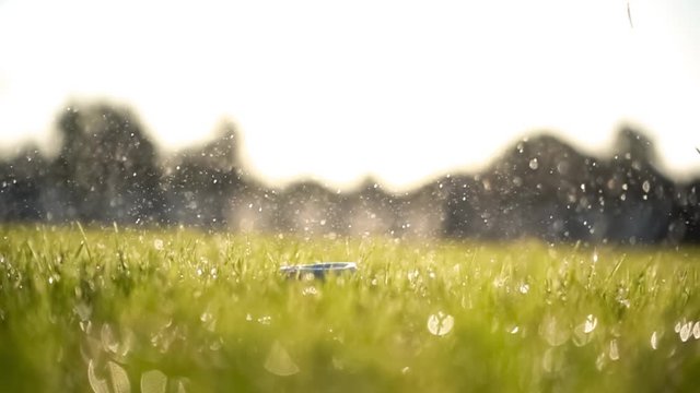 Golf club hits a golf ball in a super slow motion. Drops of morning dew and grass particles rise into the air after the impact.