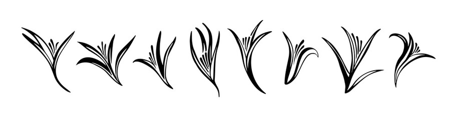 Set of abstract elegant flowers. Art Nouveau style vector silhouettes. Black isolated on white background. Graphic illustration