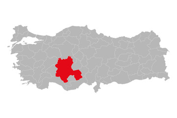 Turkey province Konya marked red on map vector. Gray background.
