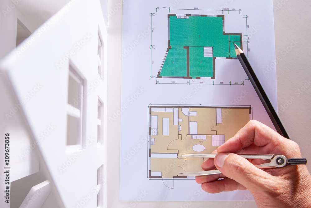 Poster creating drawings of the future home. architect at work. development of the concept of the cottage. 