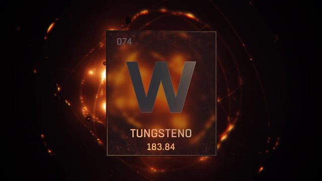 Tungsten as Element 74 of the Periodic Table. Seamlessly looping 3D animation on orange illuminated atom design background with orbiting electrons. Name, atomic weight, element number in Spanish langu