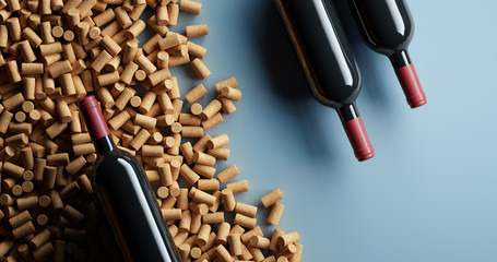 Three red wine glass bottles lies with a lot of wine corks. Top view. 3D render